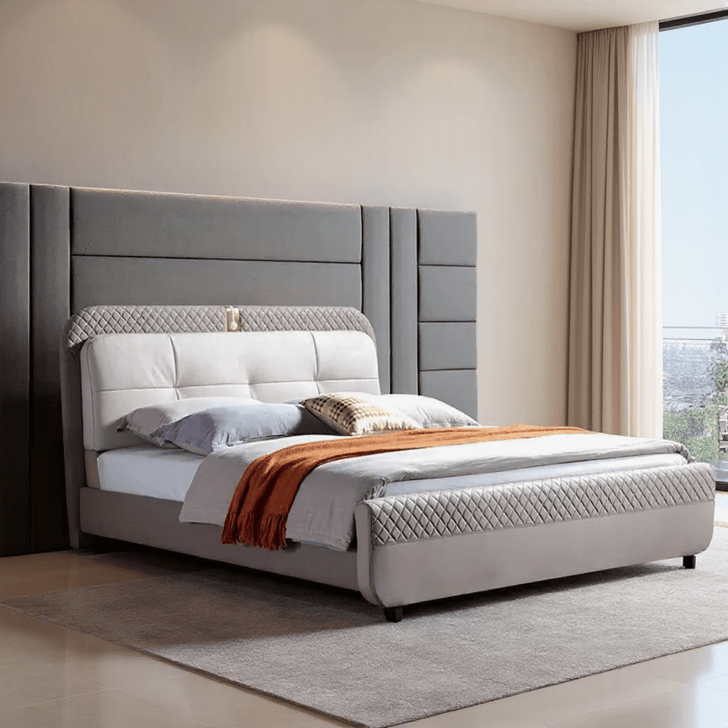 King Size Upholstered Bed with Attached Side Tables